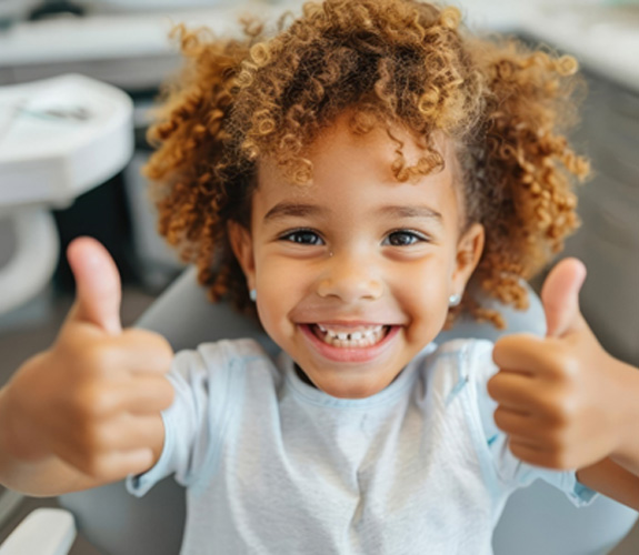 Little girl giving two thumbs up and smiling in dentist’s chair 